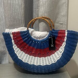 INC International Concepts Blue, Red, and White Tote with Bamboo Handles